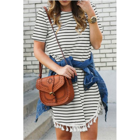 Striped T-Shirt Mini Dress with Tassels - Picture 1 of 2